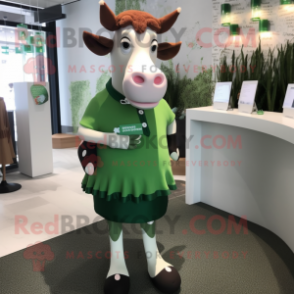 Forest Green Guernsey Cow mascot costume character dressed with a Pencil Skirt and Shoe clips