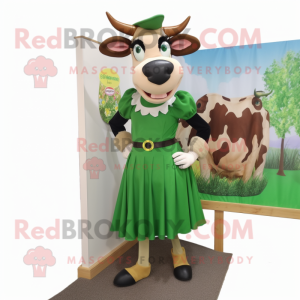 Forest Green Guernsey Cow mascot costume character dressed with a Pencil Skirt and Shoe clips