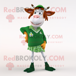 Forest Green Guernsey Cow mascot costume character dressed with a Pencil Skirt and Shoe clips