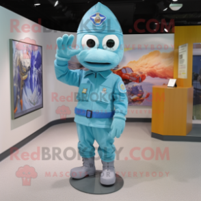 Turquoise Air Force Soldier mascot costume character dressed with a Skinny Jeans and Beanies