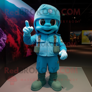 Turquoise Air Force Soldier mascot costume character dressed with a Skinny Jeans and Beanies