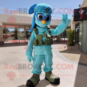 Turquoise Air Force Soldier mascot costume character dressed with a Skinny Jeans and Beanies