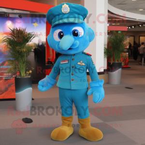Turquoise Air Force Soldier mascot costume character dressed with a Skinny Jeans and Beanies