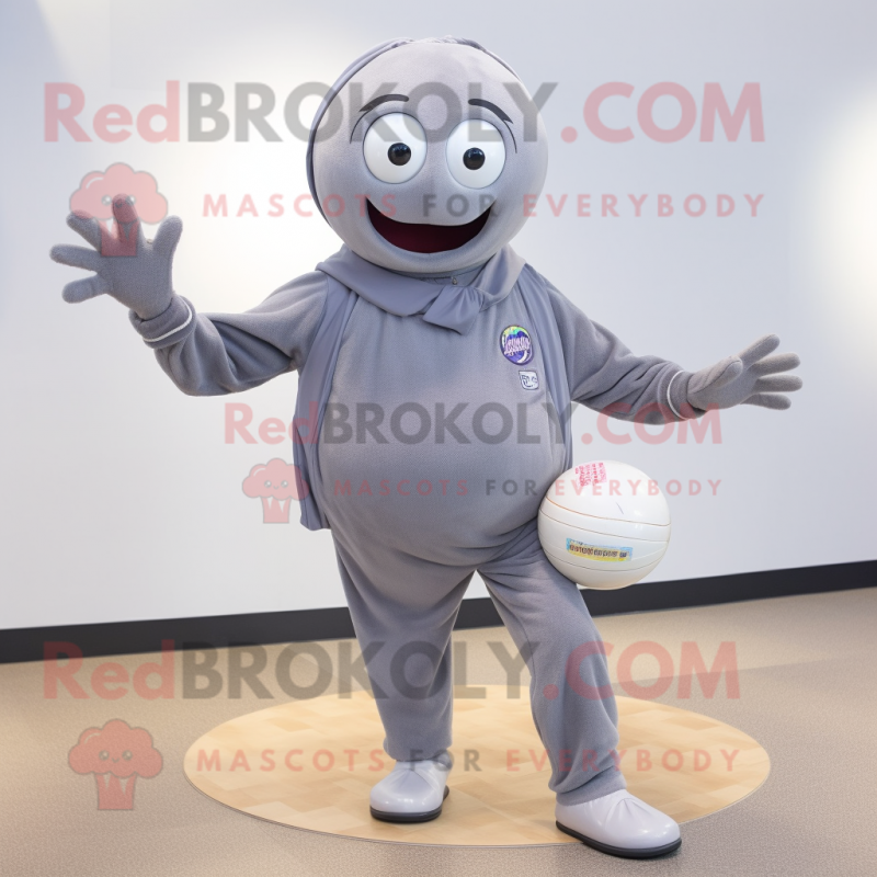 Gray Petanque Ball mascot costume character dressed with a Joggers and Shawl pins Gray Petanque Ball mascot costume character dressed with a Joggers and Shawl pins