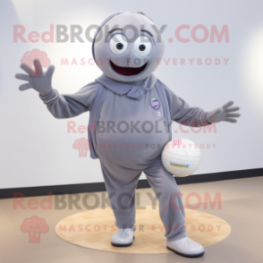 Gray Petanque Ball mascot costume character dressed with a Joggers and Shawl pins