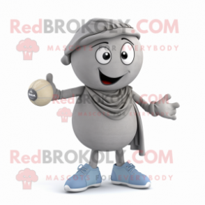 Gray Petanque Ball mascot costume character dressed with a Joggers and Shawl pins
