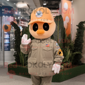 Peach Air Force Soldier mascot costume character dressed with a Cardigan and Hat pins