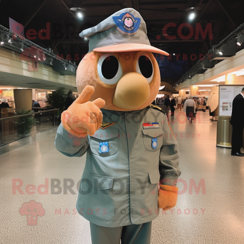 Peach Air Force Soldier mascot costume character dressed with a Cardigan and Hat pins