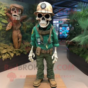 Forest Green Skull mascot costume character dressed with a Cargo Pants and Hat pins