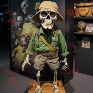 Forest Green Skull mascot costume character dressed with a Cargo Pants and Hat pins