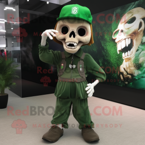 Forest Green Skull mascot costume character dressed with a Cargo Pants and Hat pins