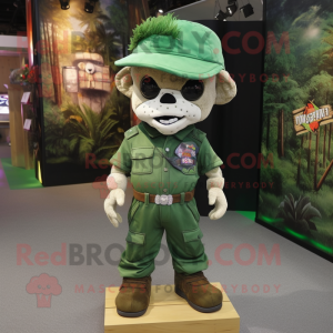 Forest Green Skull mascot costume character dressed with a Cargo Pants and Hat pins