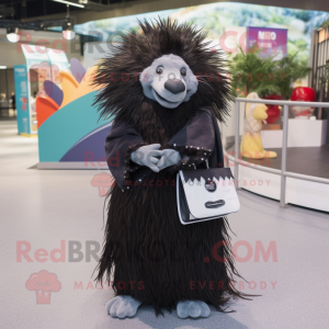 Black Porcupine mascot costume character dressed with a Maxi Dress and Wallets
