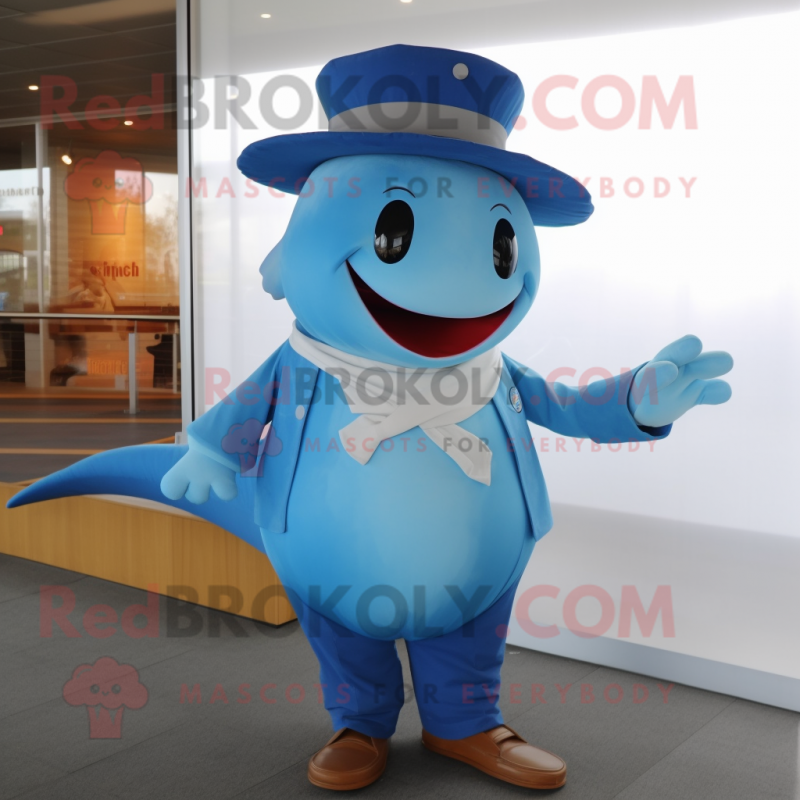 Rust Blue Whale mascot costume character dressed with a Polo Shirt and Hat pins Rust Blue Whale mascot costume character dressed with a Polo Shirt and Hat pins
