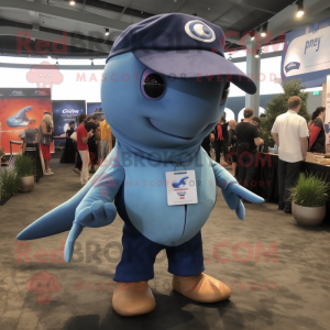 Rust Blue Whale mascot costume character dressed with a Polo Shirt and Hat pins