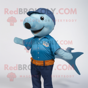 Rust Blue Whale mascot costume character dressed with a Polo Shirt and Hat pins