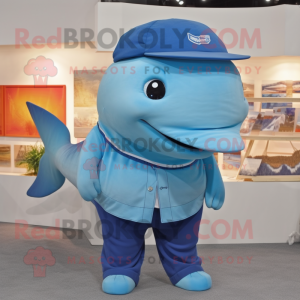 Rust Blue Whale mascot costume character dressed with a Polo Shirt and Hat pins