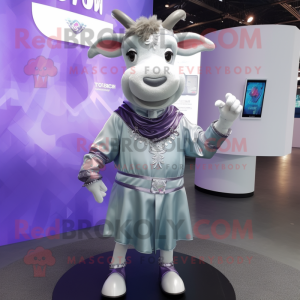 Silver Zebu mascot costume character dressed with a Mini Skirt and Lapel pins