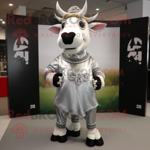 Silver Zebu mascot costume character dressed with a Mini Skirt and Lapel pins