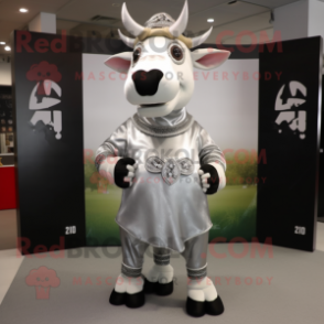 Silver Zebu mascot costume character dressed with a Mini Skirt and Lapel pins