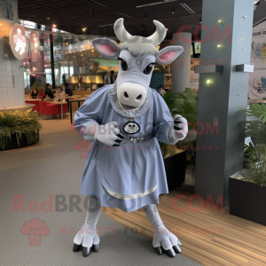 Silver Zebu mascot costume character dressed with a Mini Skirt and Lapel pins