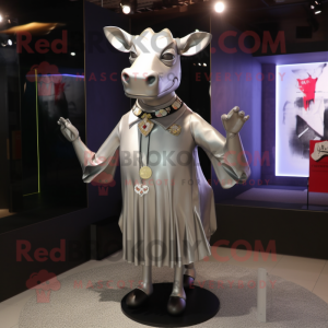 Silver Zebu mascot costume character dressed with a Mini Skirt and Lapel pins