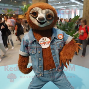 Rust Sloth mascot costume character dressed with a Boyfriend Jeans and Brooches