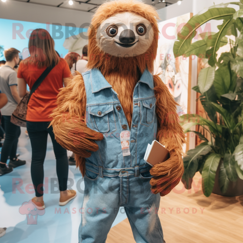 Rust Sloth mascot costume character dressed with a Boyfriend Jeans and Brooches