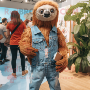 Rust Sloth mascot costume character dressed with a Boyfriend Jeans and Brooches