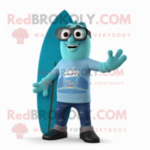 Cyan Surfboard mascot costume character dressed with a Mom Jeans and Reading glasses