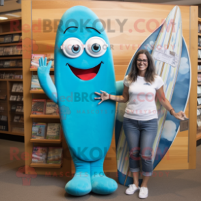 Cyan Surfboard mascot costume character dressed with a Mom Jeans and Reading glasses
