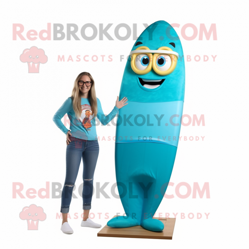 Cyan Surfboard mascot costume character dressed with a Mom Jeans and Reading glasses Cyan Surfboard mascot costume character dressed with a Mom Jeans and Reading glasses