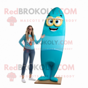 Cyan Surfboard mascot costume character dressed with a Mom Jeans and Reading glasses