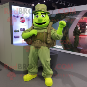Lime Green Commando mascot costume character dressed with a Poplin Shirt and Hairpins
