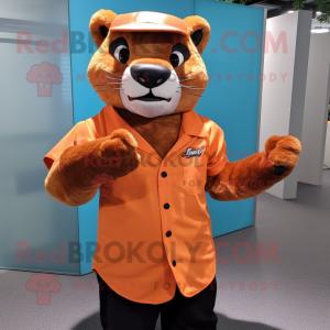 Orange Jaguarundi mascot costume character dressed with a Dress Shirt and Headbands