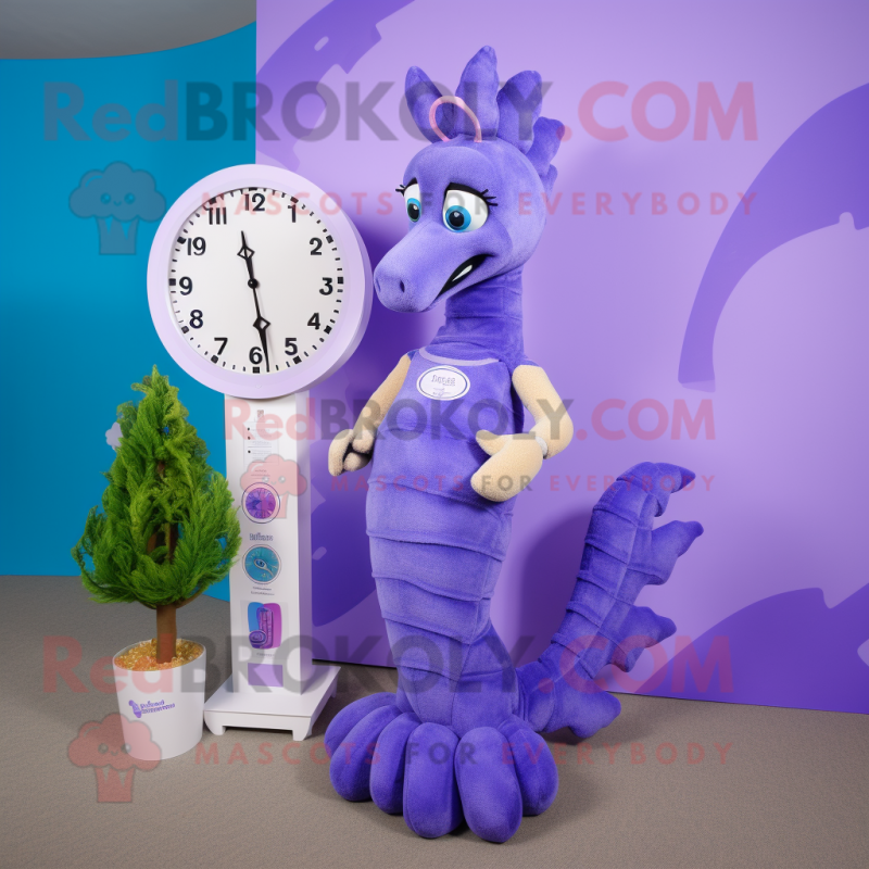 Lavender Seahorse mascot costume character dressed with a Jeggings and Watches