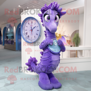 Lavender Seahorse mascot costume character dressed with a Jeggings and Watches