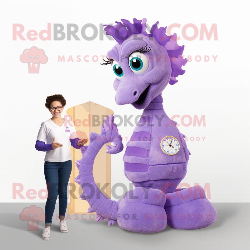 Lavender Seahorse mascot costume character dressed with a Jeggings and Watches Lavender Seahorse mascot costume character dressed with a Jeggings and Watches