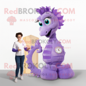 Lavender Seahorse mascot costume character dressed with a Jeggings and Watches