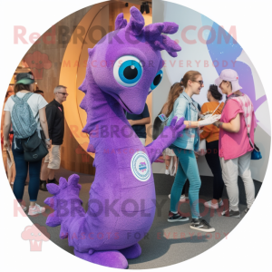 Lavender Seahorse mascot costume character dressed with a Jeggings and Watches