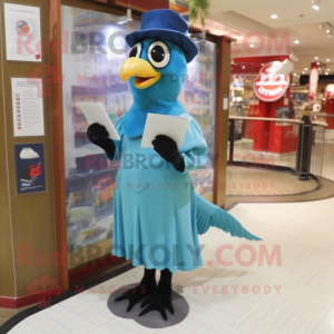 Cyan Woodpecker mascot costume character dressed with a Empire Waist Dress and Caps