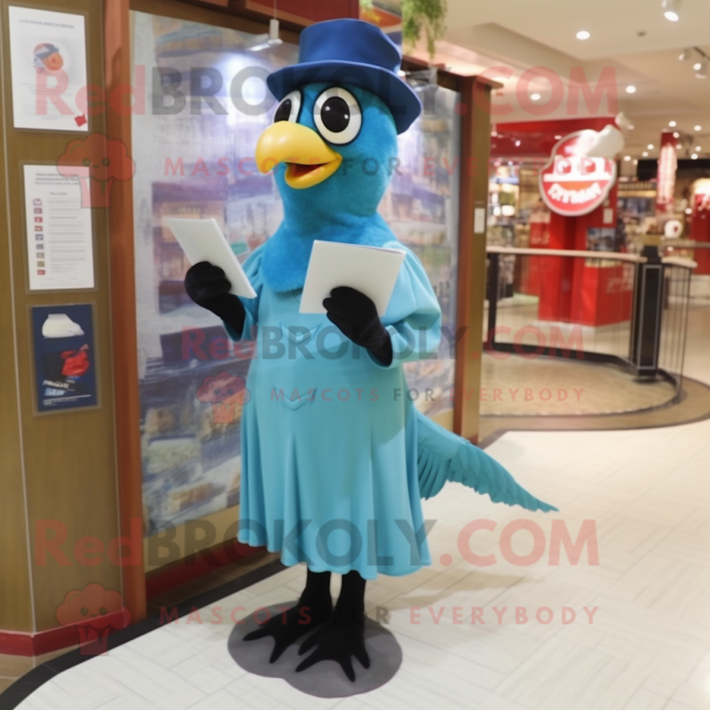 Cyan Woodpecker mascot costume character dressed with a Empire Waist Dress and Caps Cyan Woodpecker mascot costume character dressed with a Empire Waist Dress and Caps