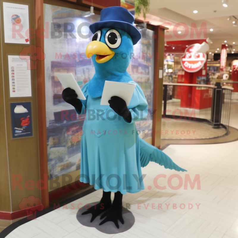 Cyan Woodpecker mascot costume character dressed with a Empire Waist Dress and Caps