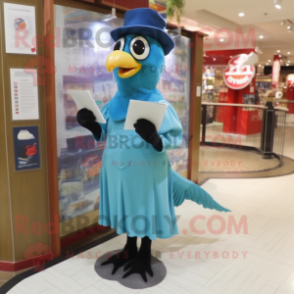 Cyan Woodpecker mascot costume character dressed with a Empire Waist Dress and Caps