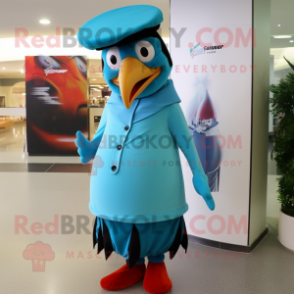Cyan Woodpecker mascot costume character dressed with a Empire Waist Dress and Caps
