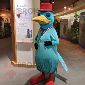 Cyan Woodpecker mascot costume character dressed with a Empire Waist Dress and Caps