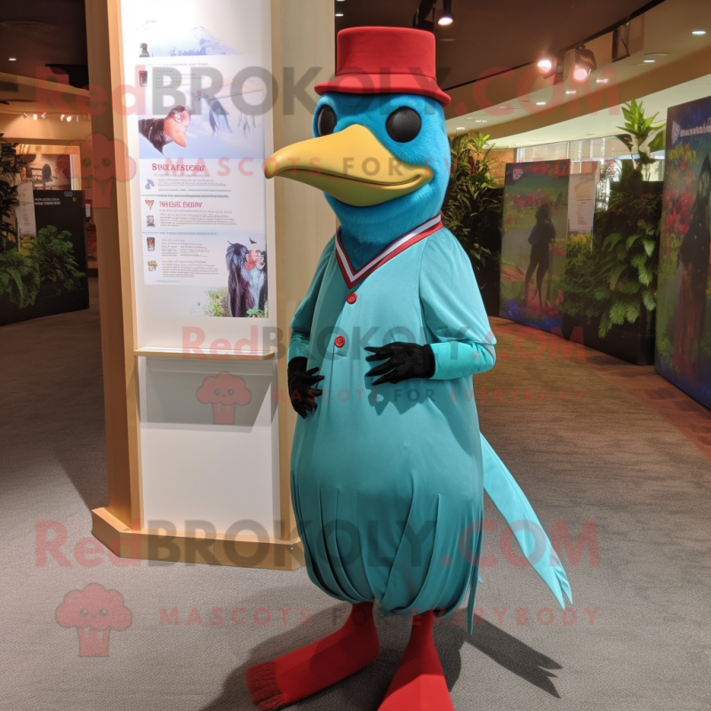 Cyan Woodpecker mascot costume character dressed with a Empire Waist Dress and Caps Cyan Woodpecker mascot costume character dressed with a Empire Waist Dress and Caps