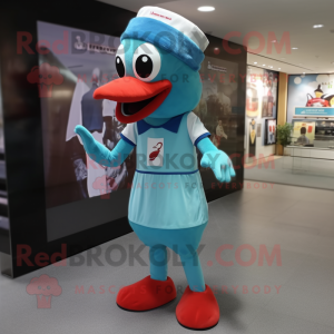 Cyan Woodpecker mascot costume character dressed with a Empire Waist Dress and Caps
