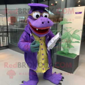 Purple Crocodile mascot costume character dressed with a Raincoat and Reading glasses