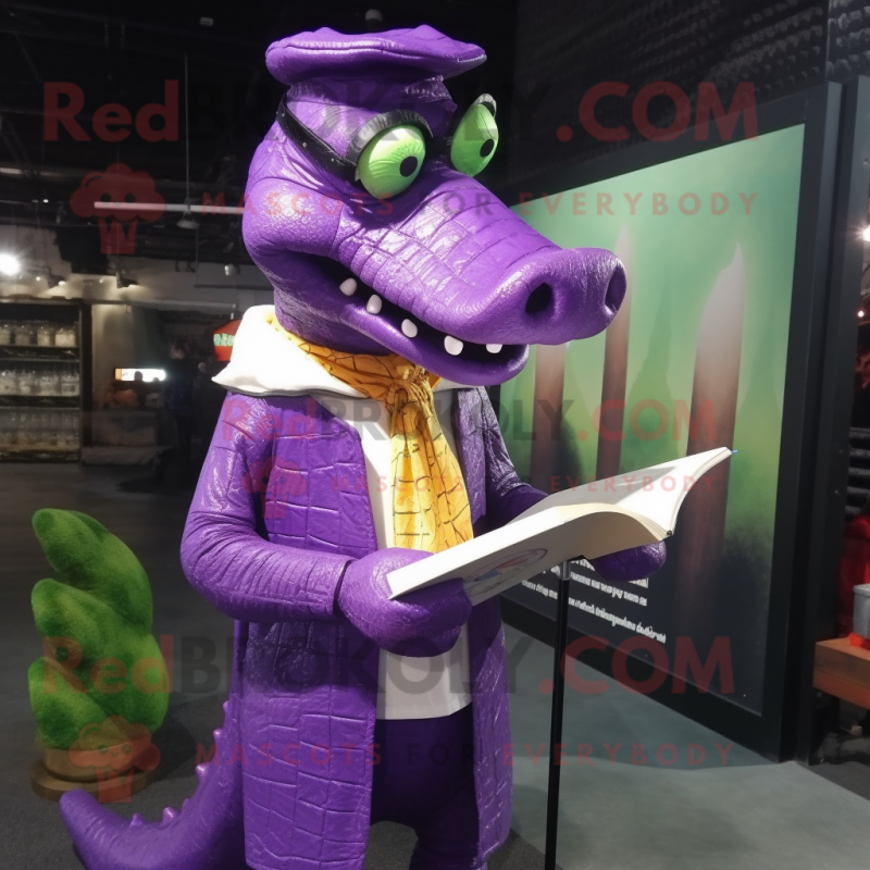 Purple Crocodile mascot costume character dressed with a Raincoat and Reading glasses